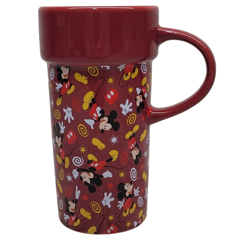 Disney Store Mickey Mouse Coffee Drink Tall Mug Red Ceramic All Over Print 16oz